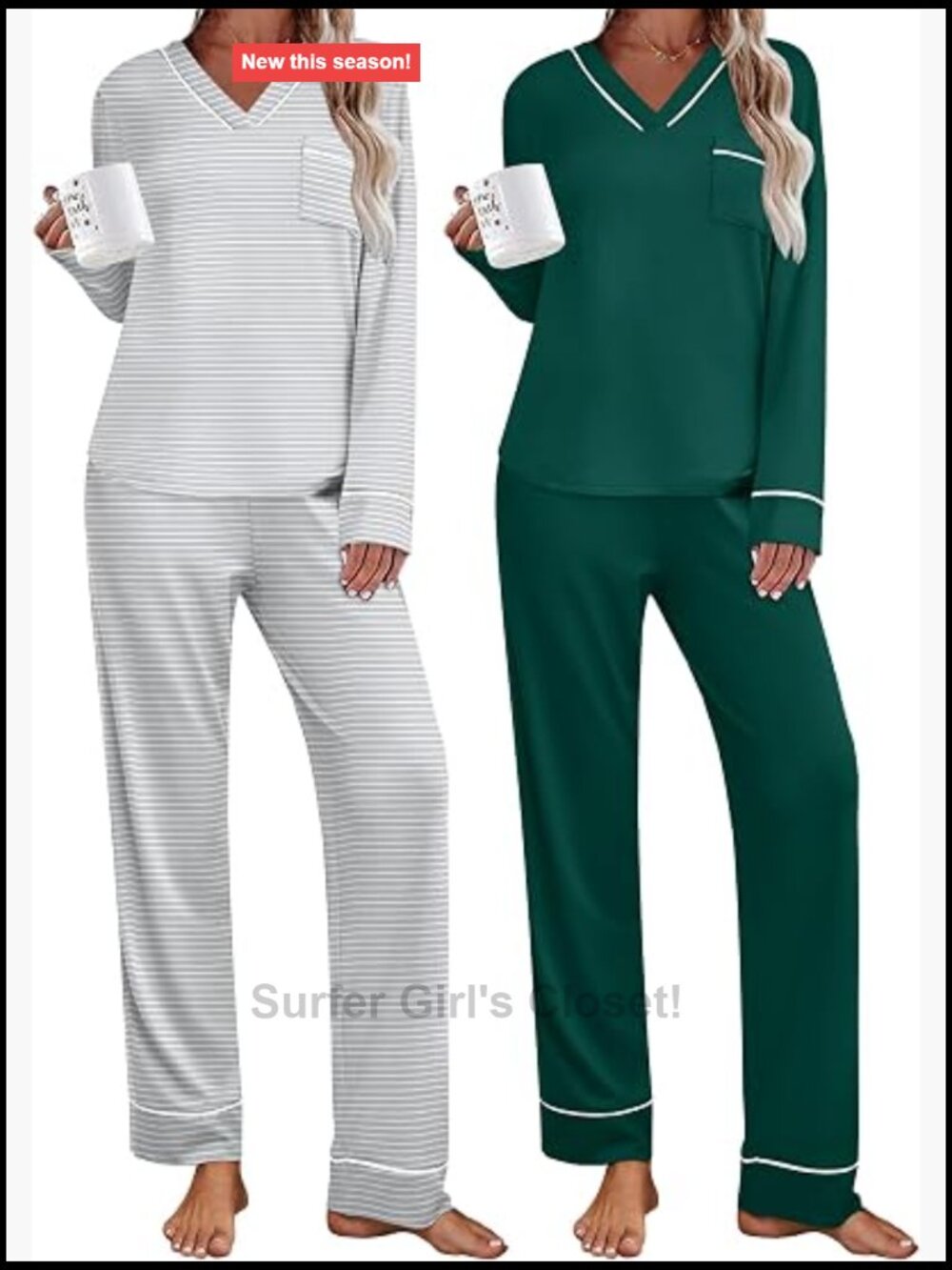 Ekouaer 2 Pack Womens Pajamas Set Long Sleeve V-Neck Loungewear Pockets